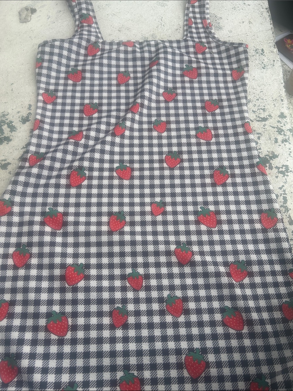 SHEIN Black & White Gingham Top with Red Strawberry Print